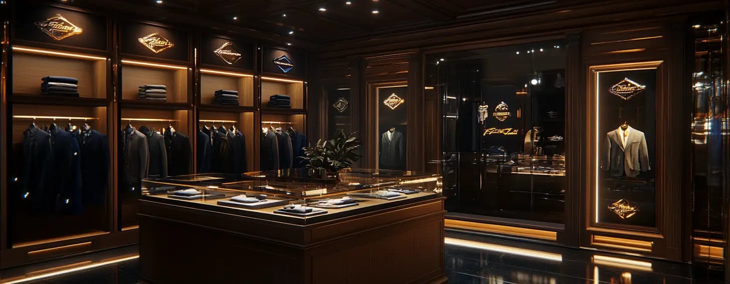 Luxury men's fashion display showcasing designer suits and accessories